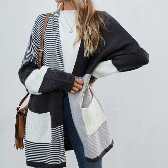 Sweaters - Oversized loose color block striped open cardigan